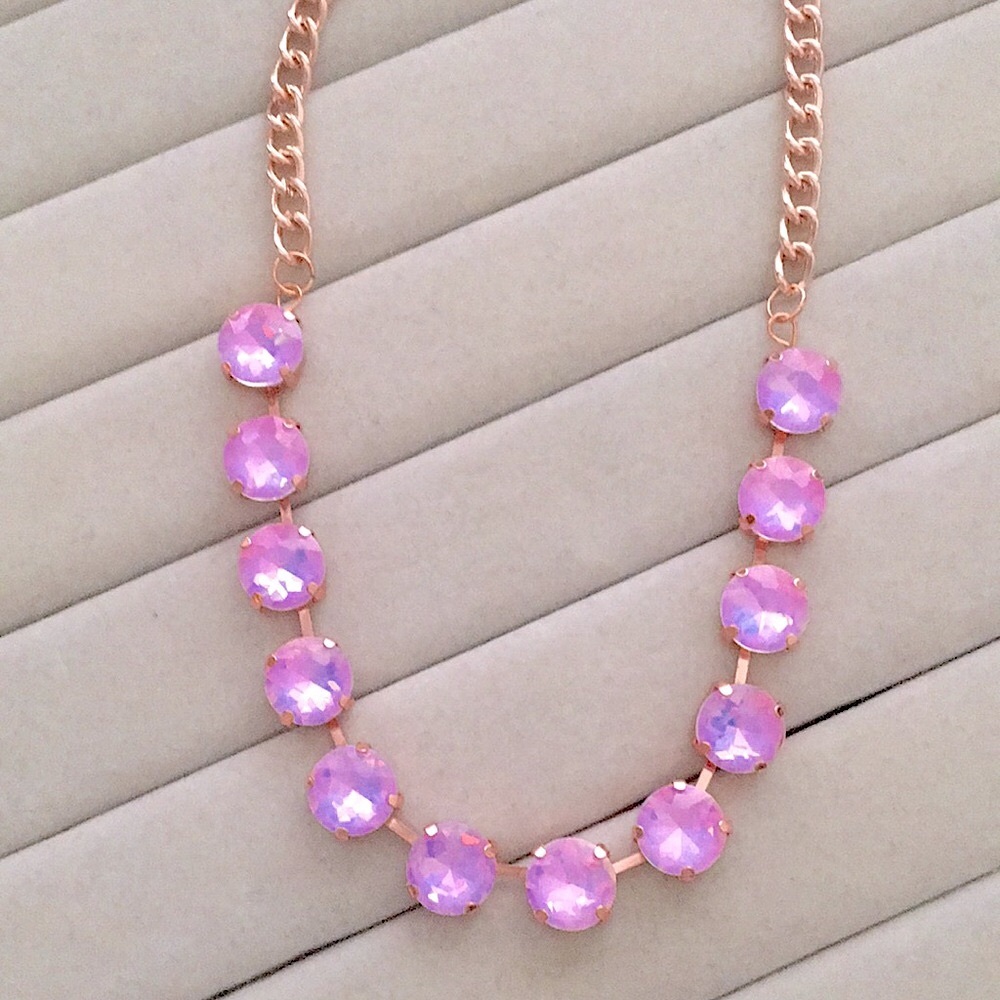 Iridescent Pink-Purple Opal Aurora Borealis + Rose Gold Crystal Tennis Necklace